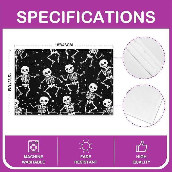 Feelyou Happy Halloween Placemats Set of 4 Sugar Skull Table Mats for Party Kitchen Dining Decoration Black White Gray Place Mat for Table Holiday Decor Indoor Outdoor 18"x12" Non-Slip Easy to Clean - Image 4