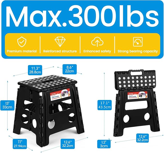 ACSTEP 13 Inch Folding Step Stool, Non-Slip Surface for Adults/Kids, Black | Collapsible Heavy Duty Foldable Stools, Portable Foot Stepping Stool Holds 300 lb, Kitchen Bathroom Outdoor, with Handle - Image 4