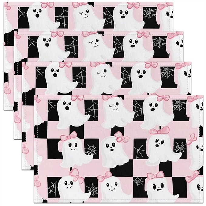 Feelyou Happy Halloween Placemats Set of 4 Cute Ghost Bow Table Mats for Party Kitchen Dining Decoration White Pink Black Place Mat for Table Holiday Decor Indoor Outdoor 18"x12" Non-Slip Spider Web by Feelyou