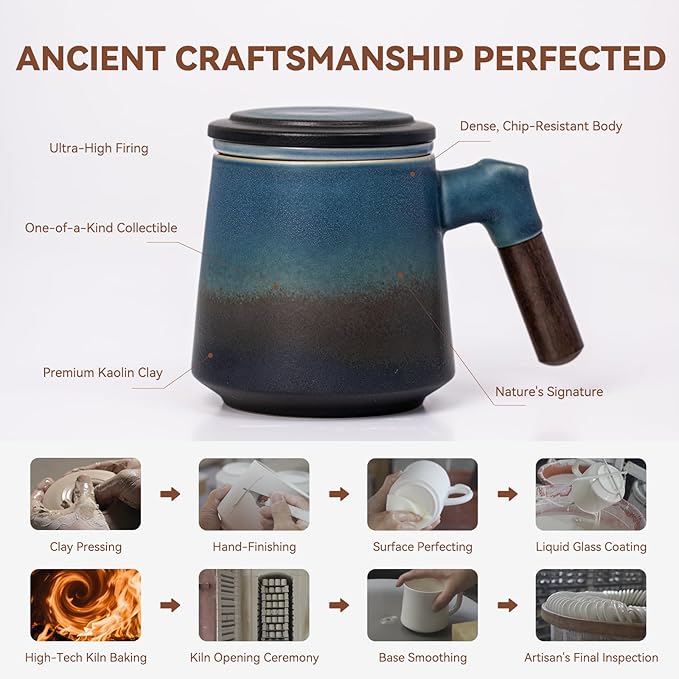 Ceramic Tea Mug with Infuser & Lid, 12.5oz Kiln-Transformed Unique Cup – Nature's Artisan Design, Loose Leaf Tea Cup with Infuser, Insulated Ceramic Coffee Mugs with Lid, Gift for Women/Men