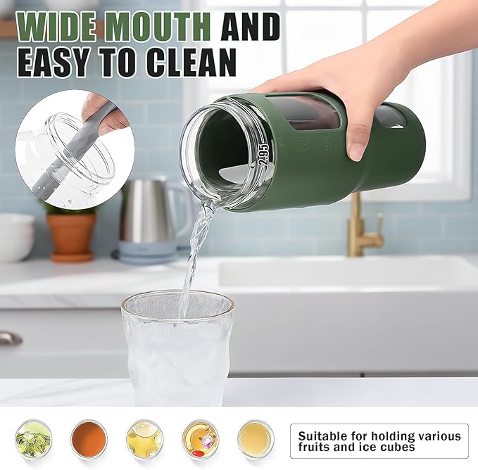 32oz Glass Tumbler with Straw Handle and 2-IN-1 Sip & Spout Lid, Reusable Iced Coffee Cup for Smoothie, Matcha, Leakproof Glass Water Bottle with Straw and Silicone Sleeve, BPA Free-Olive