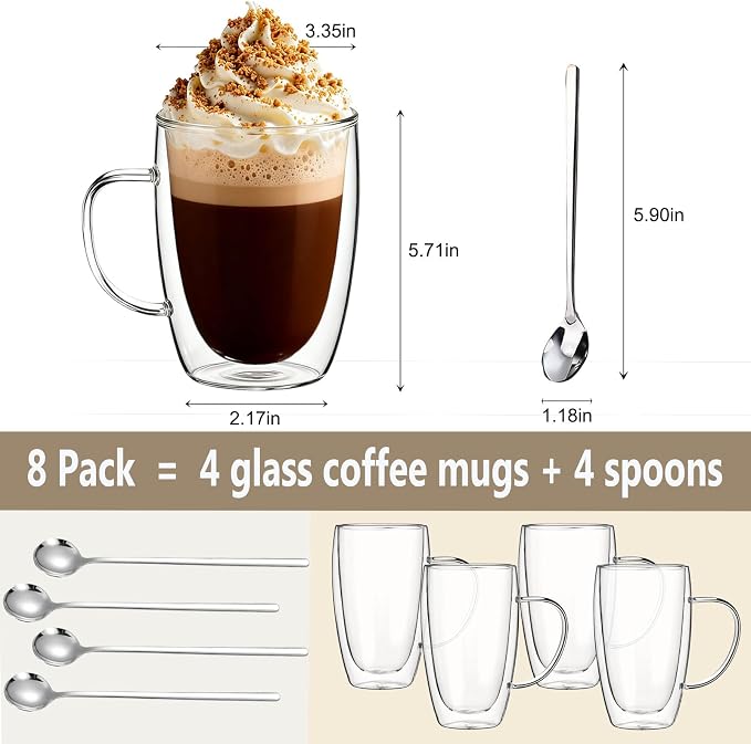 DINGPAI 15 oz Double Walled Glass Coffee Mugs, Large Coffee Mug with Handle | Borosilicate Glass, Insulation, Dishwasher Safe, Clear Glass Cups with Spoon for Latte, Cappuccino, Espresso, Americano - Image 2