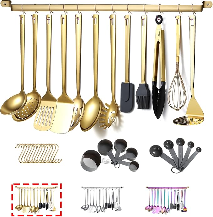 Gold Cooking Utensils Set, Kyraton Stainless Steel 37 Pieces Kitchen Utensils Set with Titanium Gold Plating, Kitchen Gadgets Tool Set with Utensils Racks Heat Resistant Dishwasher Safe by Kyraton