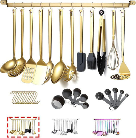 Gold Cooking Utensils Set, Kyraton Stainless Steel 37 Pieces Kitchen Utensils Set with Titanium Gold Plating, Kitchen Gadgets Tool Set with Utensils Racks Heat Resistant Dishwasher Safe by Kyraton