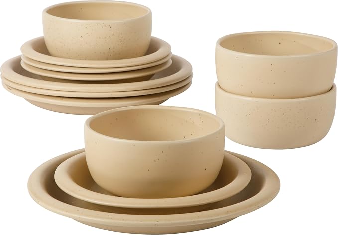 Bloomhouse - Two Time Oprah's Favorite Things Winner - Corsica Clay 12 Piece Stoneware Rustic Reactive Glaze Dinnerware Set - Stackable Plates Bowls Set. Service for 4 - Matte Finish Cappuccino Cream - Image 6