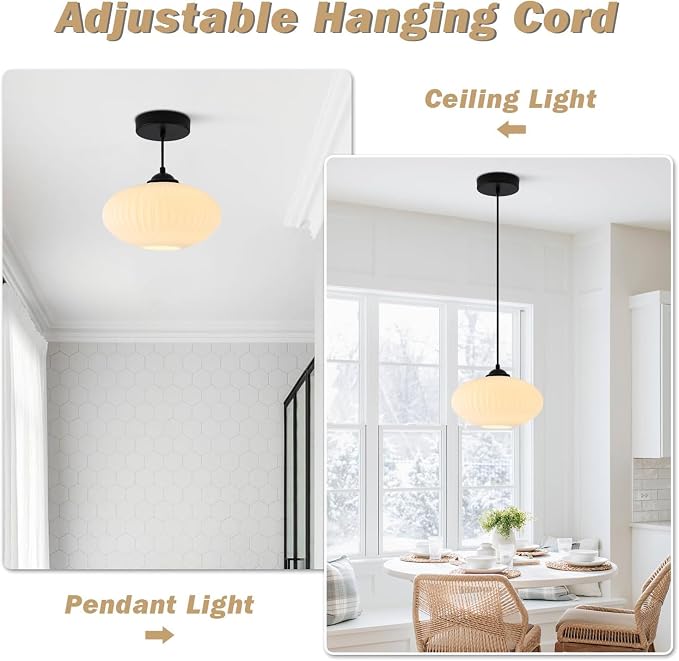 KCO Lighting Matte Black Lantern Pendant Light with 9.8” White Ribbed Glass | Adjustable Cord E26 Hardwired Mid Century Modern Farmhouse Hanging Light for Kitchen Island Dining Living Room Bar Bedroom - Image 7