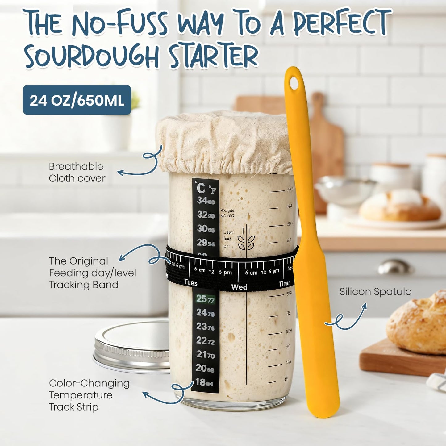 Complete Sourdough Bread Baking Kit with Banneton Basket & Starter Jar