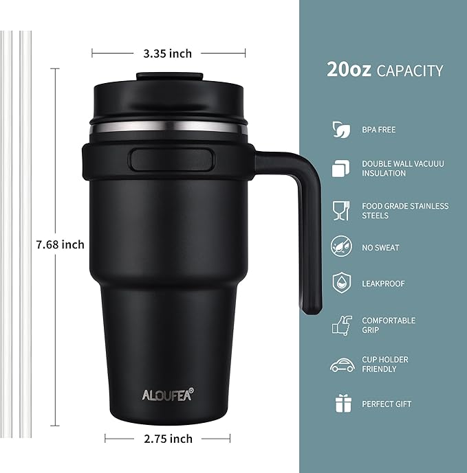20 oz Insulated Travel Coffee Mug Tumbler with Handle and Straw | Leakproof Stainless Steel Coffee Cup with Lid, Double Wall Vacuum Ice Thermal Cup, Sage - Image 2