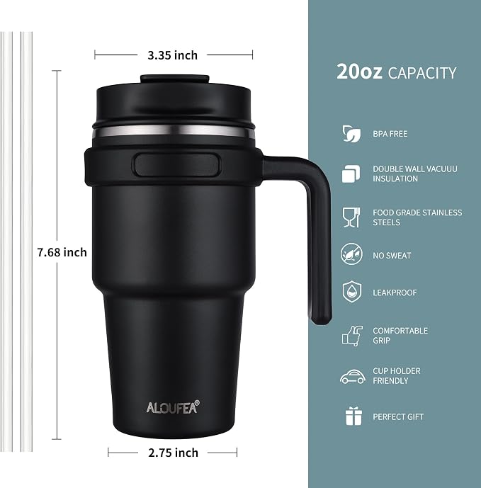 20 oz Insulated Travel Coffee Mug Tumbler with Handle and Straw | Leakproof Stainless Steel Coffee Cup with Lid, Double Wall Vacuum Ice Thermal Cup, Lavender Glitter - Image 2
