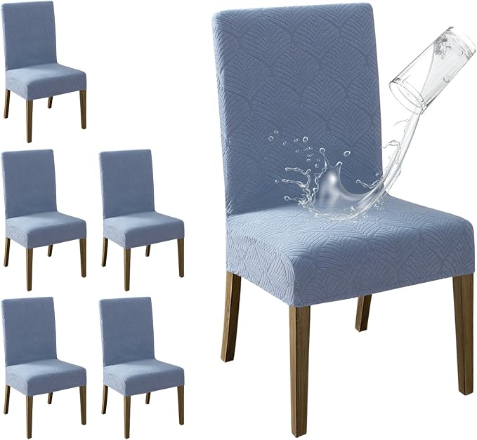 MOSAYT 100% Waterproof Dining Room Chair Covers Set of 6, Super Fit Stretch Jacquard Parson Chairs Slipcovers Removable Washable Chair Seat Protectors for Home, Kitchen, Banquet (Light Blue - XL) by MOSAYT