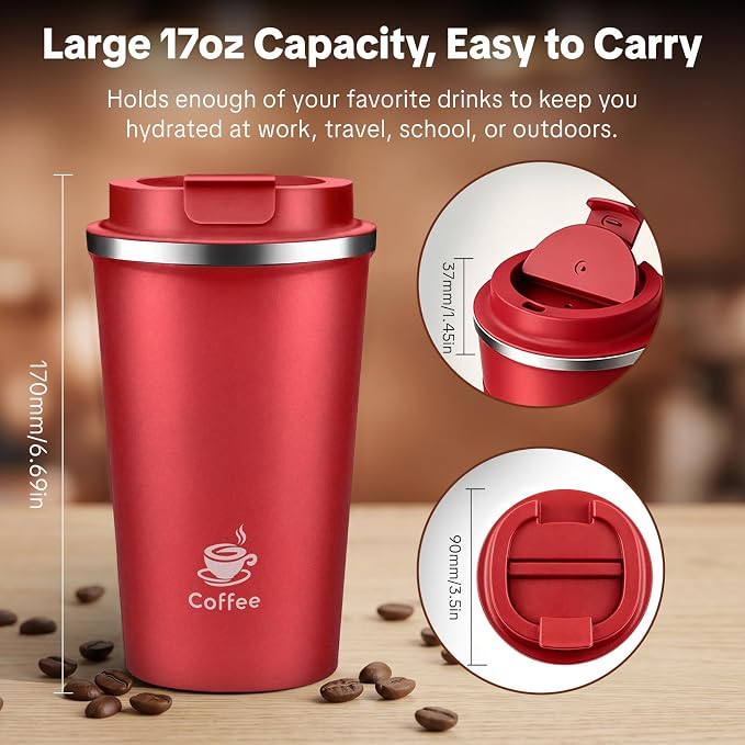 17oz Travel Coffee Mug ,Leakproof Vacuum Coffee Cup Insulated Tumbler | 304 Stainless Steel, Double-Wall Vacuum Insulated, Leakproof, Fits Hot & Cold Drinks Car Cup Holders, Travel, Office - Image 8