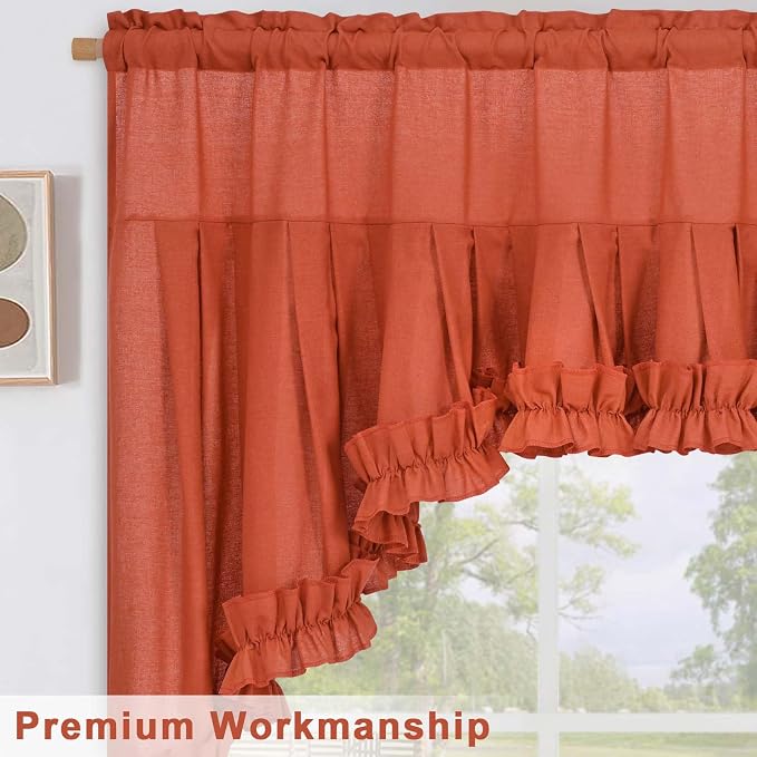 Likiyol Linen Valances for Windows Farmhouse Ruffle Swag Valance Rustic Country Window Valances Light Filtering Kitchen Curtains Rod Pocket Valance Curtains for Bathroom Cafe, Orange, 60" W x 36" L - Image 6