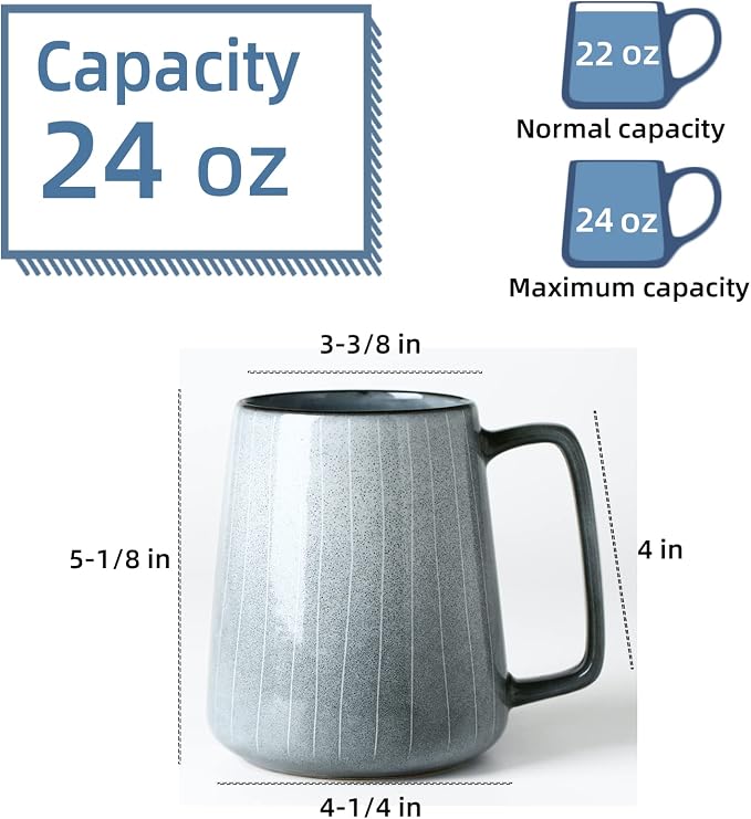 24 oz Large Ceramic Coffee mugs, Extra Large Cup, Big Handle (grey line) | Extra Large Tea and Coffee Cups, Large Handle Coffee Mug for Office and Home, Microwave and Diahwasher Safe - Image 2
