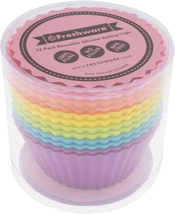 Freshware 12-Pack Silicone Jumbo Round Reusable Cupcake and Muffin Baking Cup, Six Vibrant Colors
