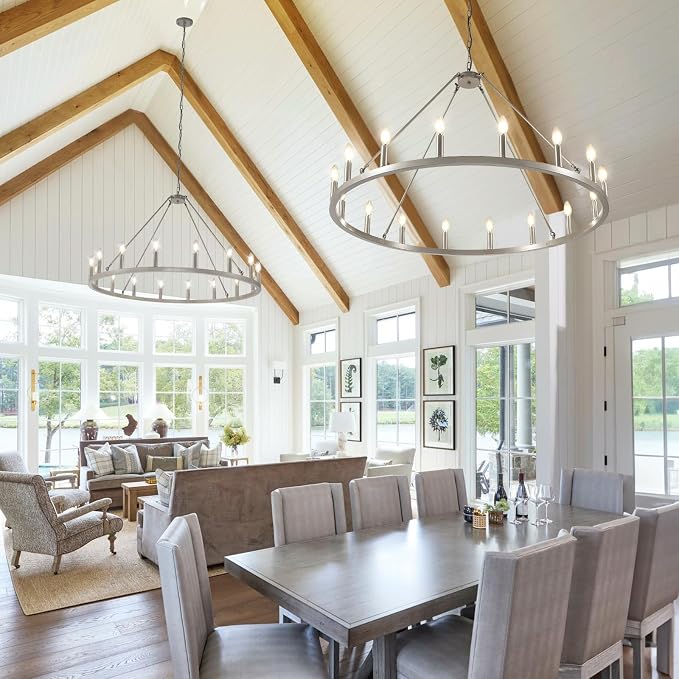 WJShome 16-Light Silver Wagon Wheel Chandelier Farmhouse, 43" Extra Large Chandeliers for High Ceilings, Rustic Round Chandeliers for Dinning Room, Kitchen Island, Entryway, Foyer, Living Room,Bedroom - Image 6