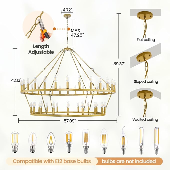 55 Inch Gold Wagon Wheel Chandelier,2 Tier 48-Lights Farmhouse Chandelier for Living Room,Round Rustic Dining Room Light Fixture,Extra Large Foyer Chandeliers for High Ceilings,for Staircase,Entryway - Image 5