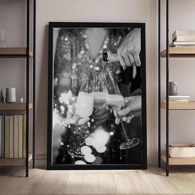 UXCBIA Pouring Champagne, Black And White, Cheers Poster, Bar Cart, Party, Celebration, Decor, Bar Wall Canvas Poster Bedroom Decor Sports Landscape Office Room Decor Gift Black Frame 08x12in(20x30cm - Image 4