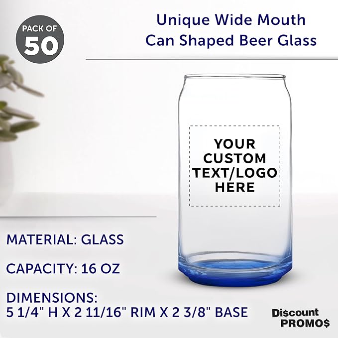 Custom Beer Can Glasses Set of 50, 16 oz. Pint Sized, Promotional Text, Logo, Soda Can Shape, Glassware, Blue