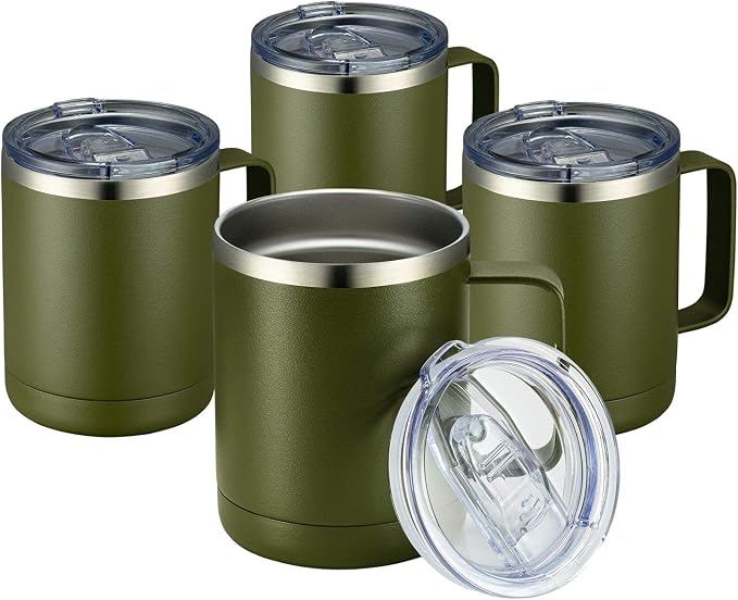 MEWAY 12oz Coffee Mug With Handle 4 Pack Bulk,Stainless Steel Insulated Travel Tumblers With Sliding Lid,Double Wall Vacuum Camping Cup for Hot & Cold Drinks Tea (Army Green,Set of 4) by MEWAY