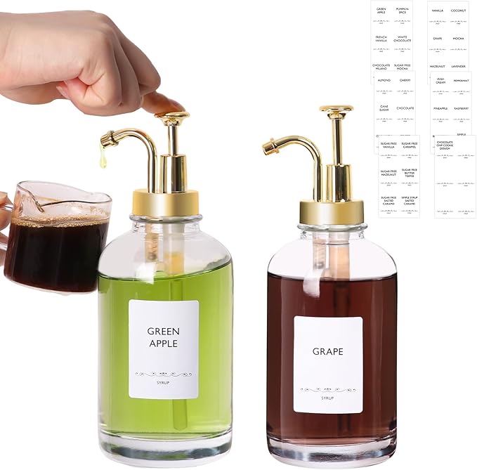 STARSIDE Coffee Bar Accessories 2 Pack - 16.9 oz/500 ml Glass Syrup Dispenser with Leakproof Gold Curved Pumps for Home Coffee, Cafes, Cocktails - Includes 31 Printed Labels, 5 Blank Labels