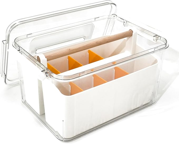 Art Craft Caddy with Lid - Art Supply Storage Organizer, Teacher Tool Box, Clear Craft Box for Kids(11'', Orange, 2in1 Set)
