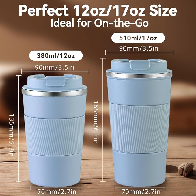 12OZ Travel Coffee Mug Insulated Coffee Cup with Spill Leak Proof Lid, Portable Stainless Steel Tumbler Reusable Hot and Cold Water Mug for Car, Daily, Camping- Light Blue - Image 2