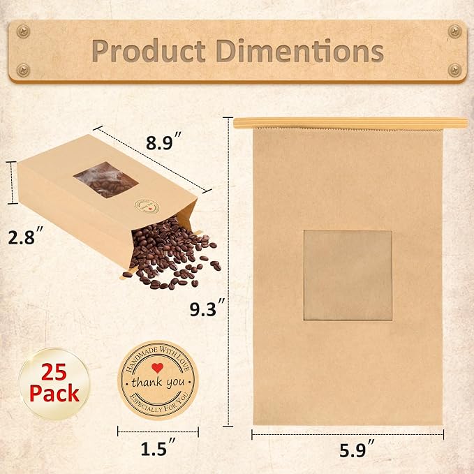 25-Piece Kraft Paper Bags with Window, Tin Tie Tab Locks and Free Stickers (5.9'L x 2.8'W x 9'H) for Food Storage - Image 2