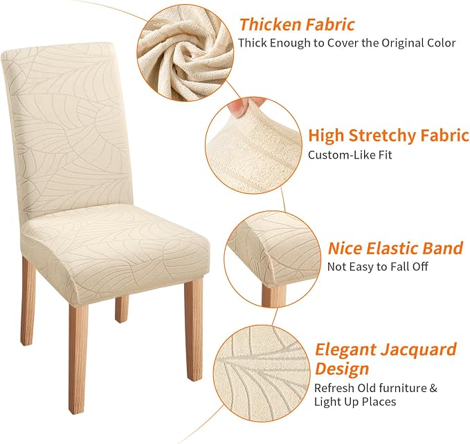 Fuloon Dining Chair Slipcover, Stretch Parson Chair Protector for Home | Leaf Jacquard-beige, Set of 6, Super Fit, Stretch, Removable, Washable, Suits for Hotel, Dining Room, Ceremony, Banquet Party - Image 4