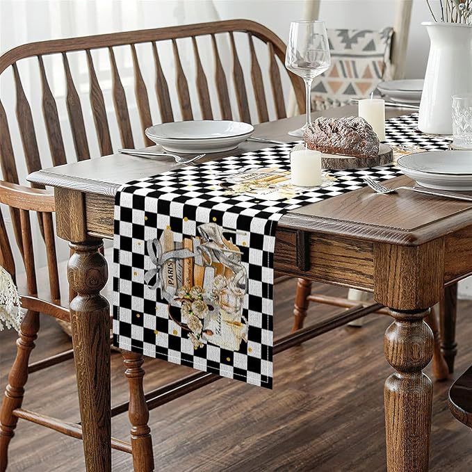 Feelyou Book Table Runner,13" x 48" Black and White Gold Dresser Scarfs High-Heeled Shoes Dresser Runners Checkered Printed Table Decor for Kitchen Perfume - Image 4