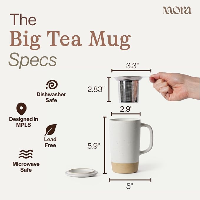 MORA Ceramics Large Tea Mug with Loose Leaf Infuser and Ceramic Lid, 18 oz, Portable, Microwave, Dishwasher Safe, Tall Coffee Cup - Rustic Matte Ceramic Glaze, Modern Herbal Tea Strainer, Oat - Image 2