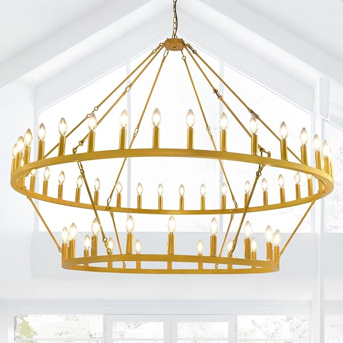 60 Inch Gold Wagon Wheel Chandelier,2 Tier 54-Lights Farmhouse Chandelier for Living Room,Round Rustic Dining Room Light Fixture,Extra Large Foyer Chandeliers for High Ceilings,for Staircase,Entryway by SofaFurniture