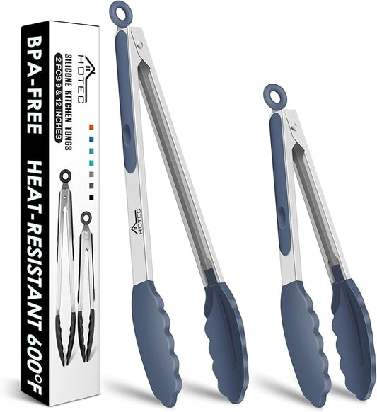 HOTEC Premium Stainless Steel Locking Kitchen Tongs with Silicon Tips, Set of 2-9" and 12",Dusty Blue by Hotec