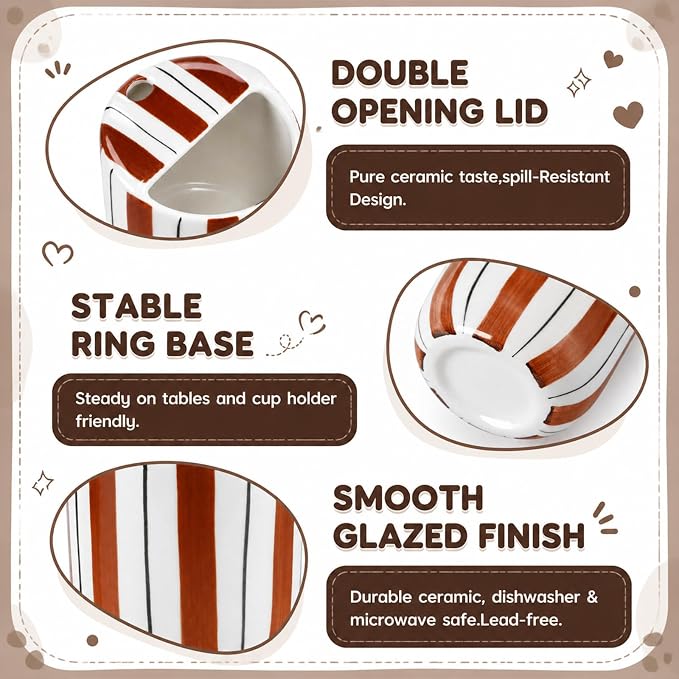 1 Pcs Ceramic Mug with Sip Hole 10 oz Novelty Brown Black Striped Coffee Mug Hand Painted Ceramic Cup Heat Resistant Non Slip Built in One Lid Handcraft Mugs for Coffee Lovers Gift - Image 3