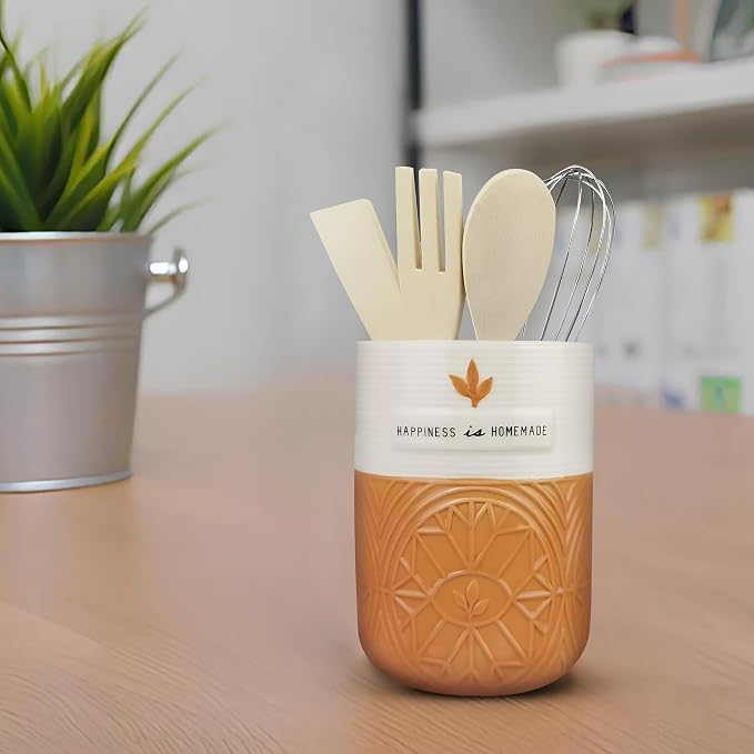 Young's Inc. Ceramic Utensil Holder for Countertop - Kitchen Crock with 3 Wooden Utensils - Large Organizer for Cooking Tools, Flatware, and More - Bee Thankful - Image 6