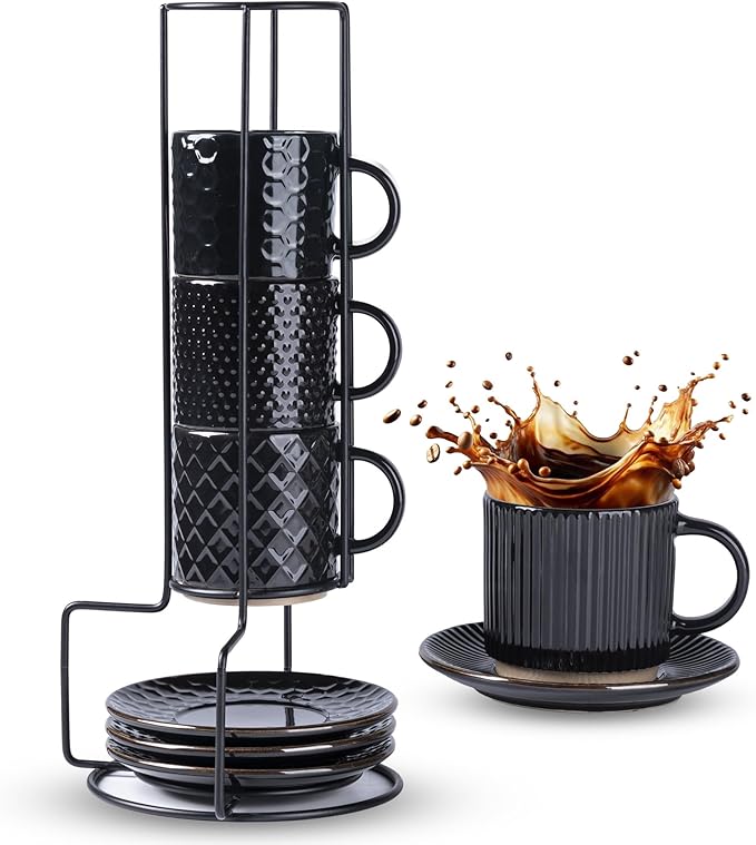 GBhome 6 OZ Stackable Coffee Mugs Set of 4, Ceramic Espresso Coffee Cups | Coffe Cups With Saucer and Stand, Dishwasher&Microwave Safe, 4 Assorted Designs by GBhome