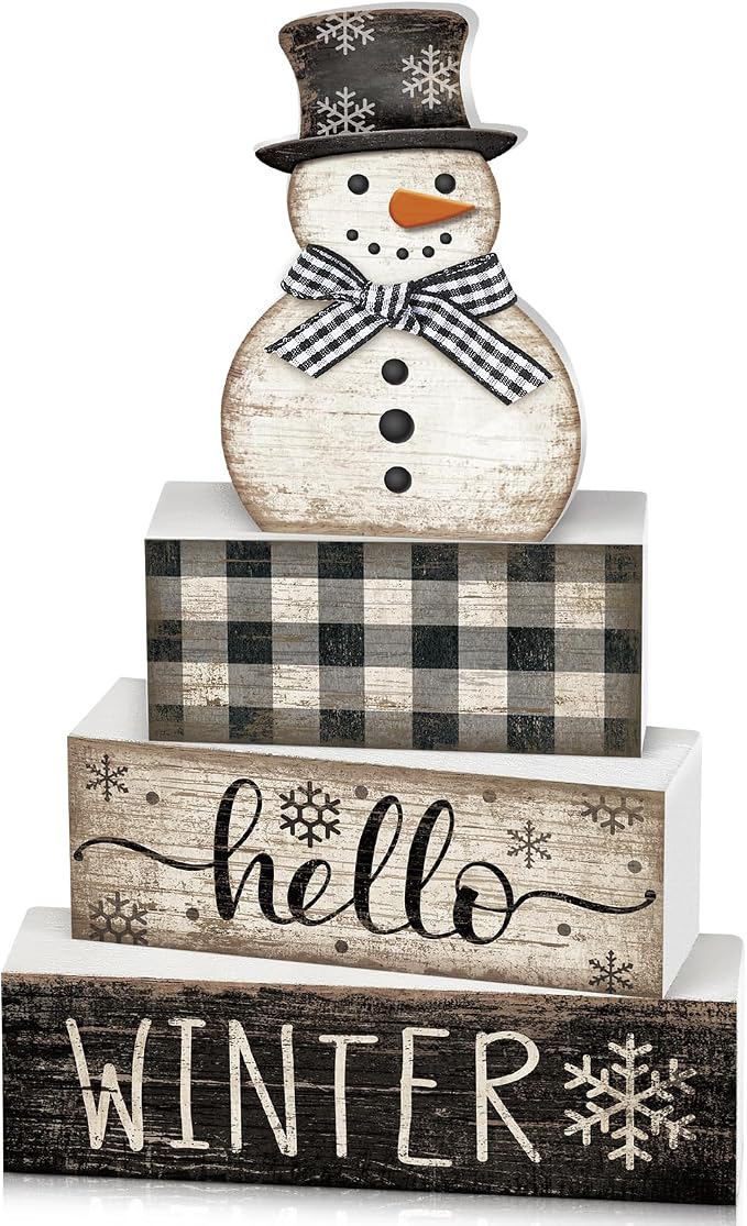 Moucuny 4 Pcs Snowman Christmas Decor Winter Table Decorations Christmas Tiered Tray Decor Winter Centerpiece Decorations Indoor Rustic Wooden Snowman Block Sign Gift Farmhouse for Home Kitchen Shelf by Moucuny