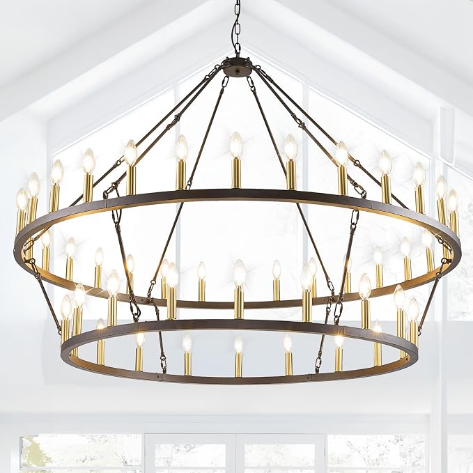 WJShome 55 Inch Farmhouse Wagon Wheel Chandelier - 2 Tier 48-Light Rustic Black and Gold Chandeliers, for Living Room, Entryway and Staircase by SofaFurniture