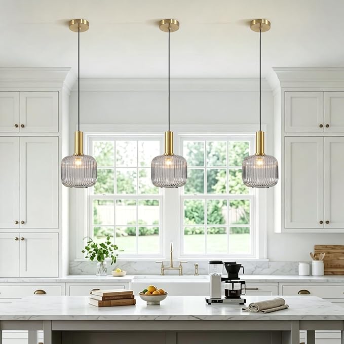 KCO Mid Century Modern Gold 7.9" Smoke Gray Ribbed Glass Pendant Light | E26 Base, Adjustable Hanging, Vintage Brushed Brass Hanging Light Fixture for Sloped Ceiling Kitchen Island Dining Room Bar - Image 5