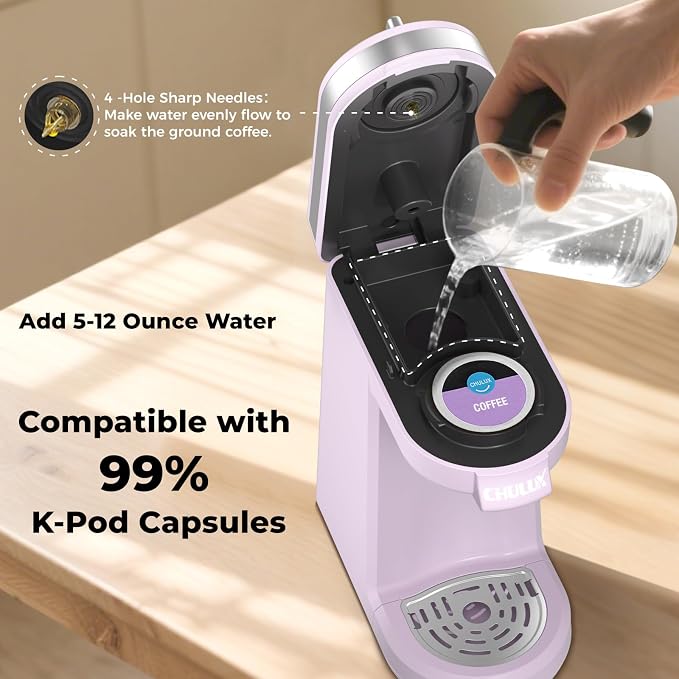 CHULUX Mini Single One Cup Coffee Maker for K Pod, Auto Shut Off, Lavender | Fast-Heating Boiler System, Single Cup Brewing, Portable Compact Design, Four-Hole Multi-Stream Needle, Adjustable Drip Tray - Image 6