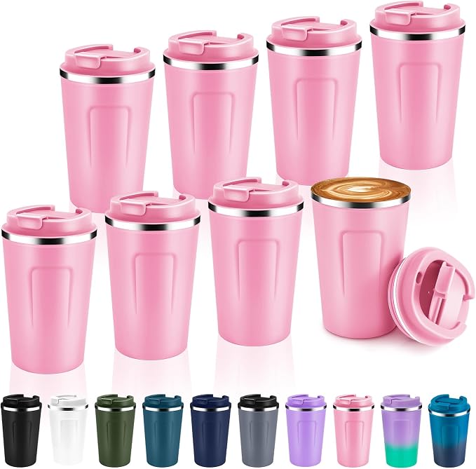 Volhoply 12 oz Double Wall Insulated Vacuum Travel Coffee Mug with Flip Lid Bulk 8 Pack,Reusable Stainless Steel Leak Proof Coffee Cup,Portable Cafe Thermal Tumblers for Hot & Cold Drinks(Pink,8 Set) by LiveFully%EF%BC%8CDrinkFreely%E2%80%94KeepGoingwithVolhoply%EF%BC%81