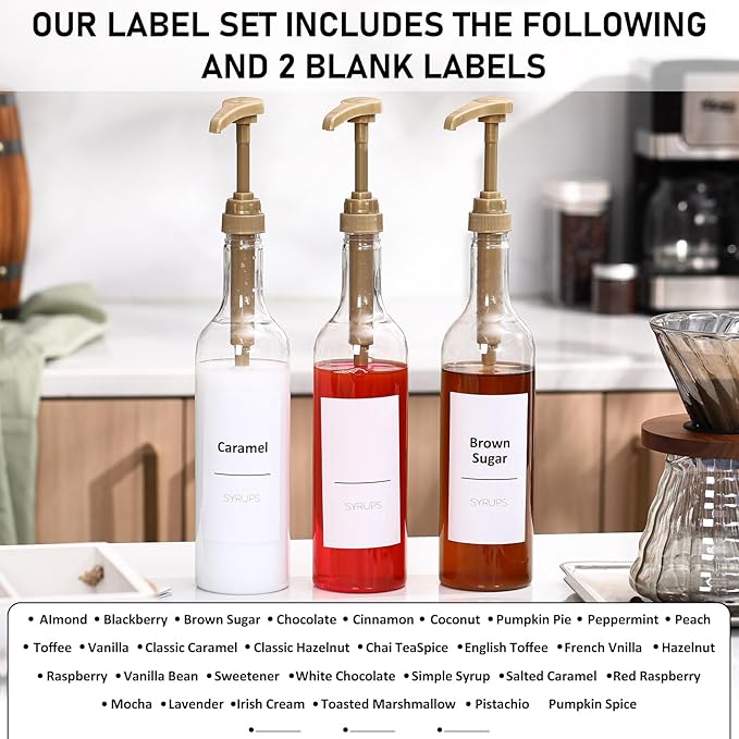 Bokon Coffee Syrup Dispenser 25.4 oz 750 ml Drinking Syrup Pump Bottles with Comprehensive Label Set and Funnel for Coffee Bar Accessories Essentials(Gold,10 Pcs)