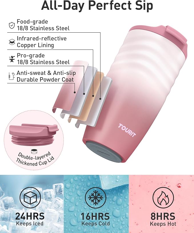TOURIT 16 oz Travel Coffee Mug, Vacuum Insulated Stainless Steel Tumbler with Ripple-Wave Anti-Slip Grip, Built-in Silicone Bottom for Quiet & Stable, Leak-Proof Lid, Fits Car Cup Holder, Rose - Image 5