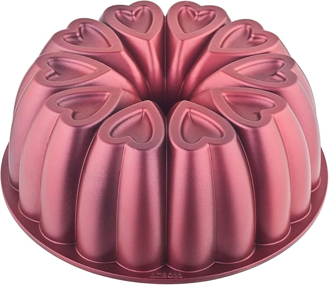 Heart Shape Cast Aluminum Molded Cake Pan, Titanium Coating, Non-Stick, 12 Cups, Heavy Duty, 10 Inch Pound Cake Pan, Gifts for Mom, Fluted Tube Pan, Easy to Clean (Red) by MIENCA