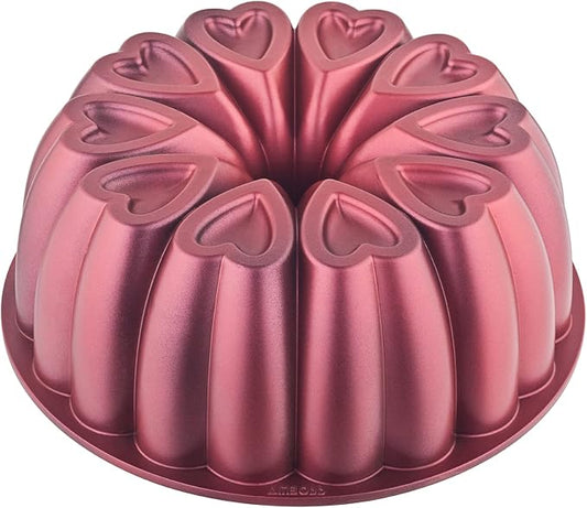 Heart Shape Cast Aluminum Molded Cake Pan, Titanium Coating, Non-Stick, 12 Cups, Heavy Duty, 10 Inch Pound Cake Pan, Gifts for Mom, Fluted Tube Pan, Easy to Clean (Red) by MIENCA