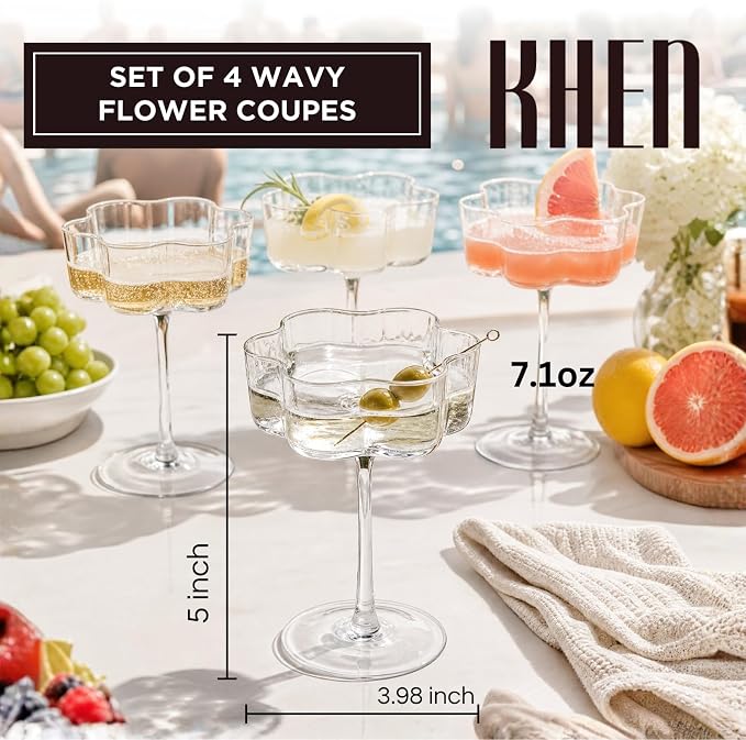 Flower Scalloped Vintage Wavy Petals Wave Glass Coupes 7oz Colorful Martini, Champagne & Cocktails, 4 Set Clear Rippled Champagne Glasses, Elegant Bar Glassware, Unique Aesthetic Coupe Glassware Gifts - Image 2