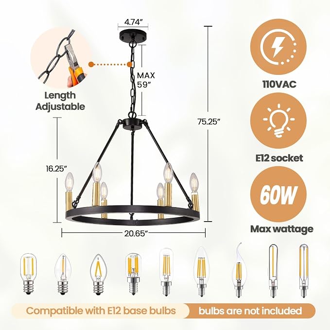 WJShome 20.7" Wagon Wheel Chandelier, Farmhouse Ceiling Light Fixture, 6-Light Black and Gold Chandeliers, Round Dining Room Light Fixtures, for Kitchen Island, Foyer, Entryway - Image 3