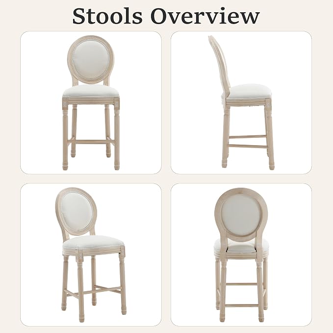 French Country Barstool, Linen Farmhouse Counter Height Chair | Set of 2, with Cushion Round Back and Solid Wood Legs, Oval Chairs for Restaurant, Bar, Kitchen, Café, Beige - Image 6