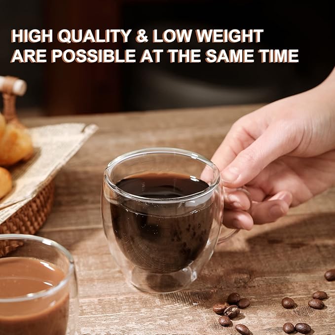 KitchenTour Insulated Coffee Mug 6 oz- Double Wall Glass Coffee Cup with Handle Set of 4 - Clear Glass Drinkware for Espresso，Cappuccino, Latte，Hot Beverages