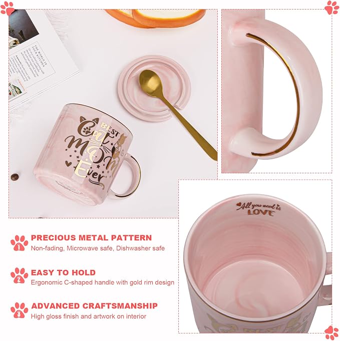 Cat Mom Gifts for Women, Best Cat Mom Ever Mug, Gifts for Cats Lovers | Unique 14oz Pink Marble Ceramic Gold Pattern Cup Gift Box, Birthday Christmas Mothers Day gifts for Cat Lady Mom Wife Friend - Image 3