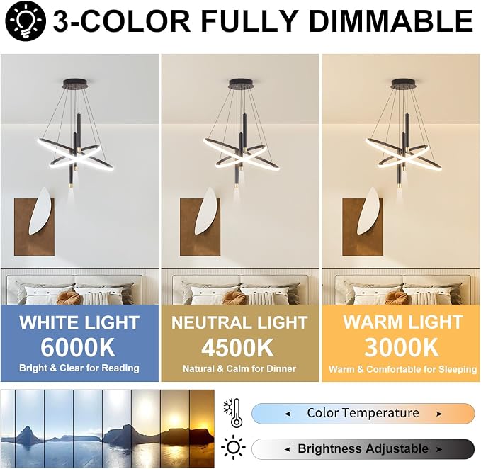 ORANOOR LED Black Modern Chandeliers, Dimmable 24inch Kitchen Pendant Light | Dining Room Light Fixtures Ceiling Hanging Over Table, 2 Ring Round Chandelier for Bedrooms Living Room, LED Pendant Lamp 75W - Image 5